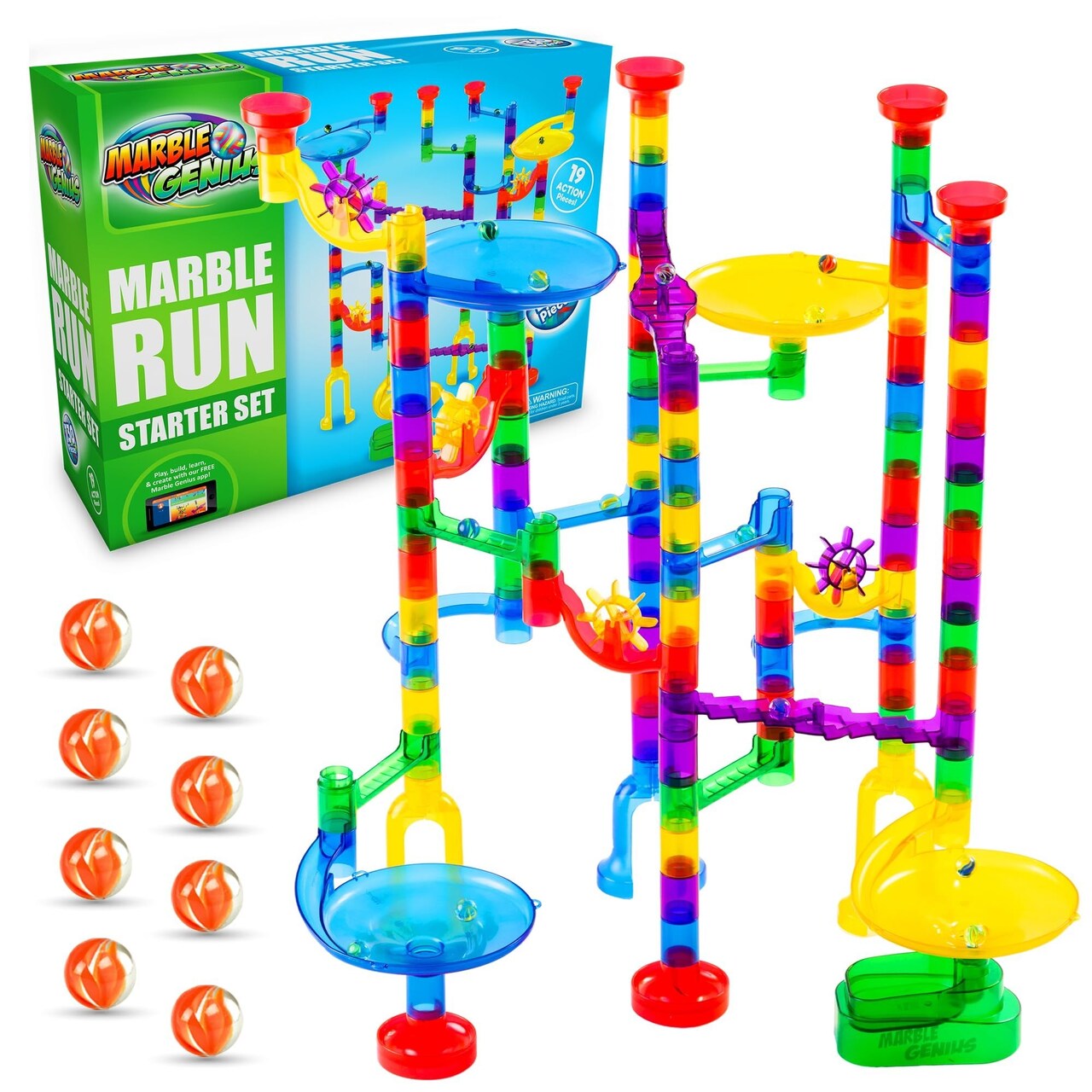 Marble Genius Marble Run Starter Set - 130 Complete Pieces (80 Translucent Marbulous Pieces + 50 Glass-Marbles Set), Marble Run For Kids 3-14 & Toddlers; Toy Marbles Maze Track Game